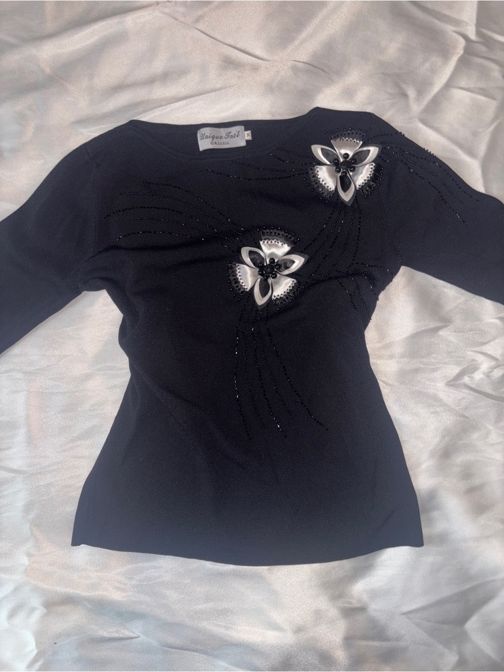 Unique Int’l Black Beaded 3D Floral Y2K Top Medium